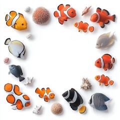 Colorful Collection of Decorative Fish and Coral Arranged in a Circular Pattern on White Background