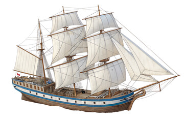 A detailed illustration of a three masted sailing ship with white sails, brown hull, and blue accents, set against a white background PNG