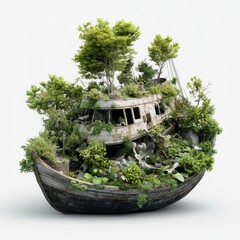 Abandoned Ship Overgrown with Lush Greenery and Vibrant Plants, Symbolizing Nature's Reclamation of Man-Made Structures