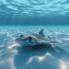 Underwater Scene Featuring a Graceful Ray Gliding Over Sandy Ocean Floor with Sunlight Filtering Through Crystal Clear Water
