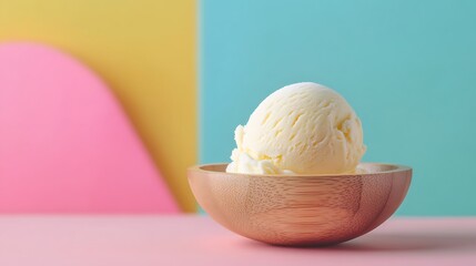 Vanilla ice cream scoop delights in a wooden bowl against a bright modern pastel background