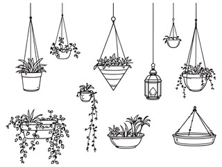 Minimalist line art hanging planter with leafy plant design