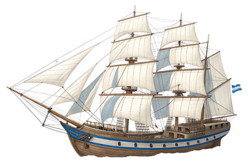 A detailed illustration of a three masted sailing ship with white sails, brown hull, and blue accents, set against a white background PNG