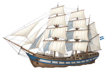 A detailed illustration of a three masted sailing ship with white sails, brown hull, and blue accents, set against a white background PNG