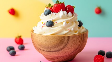 Bowl filled with tasty whipped cream topped with fresh strawberries and blueberries provides colorful treat