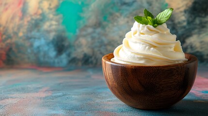 Delicious whipped cream in a wooden bowl with mint leaves against an artistic painted background for a gourmet dessert treat.
