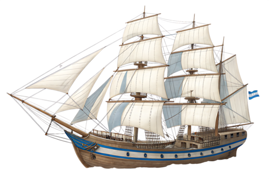 A detailed illustration of a three masted sailing ship with white sails, brown hull, and blue accents, set against a white background PNG