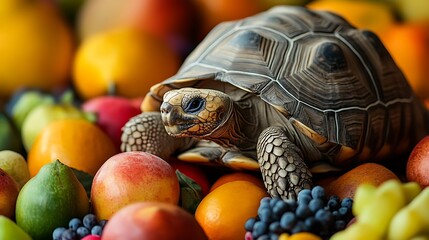 A curious tortoise rests amongst a colorful array of fresh fruits, a healthy and vibrant still life composition.