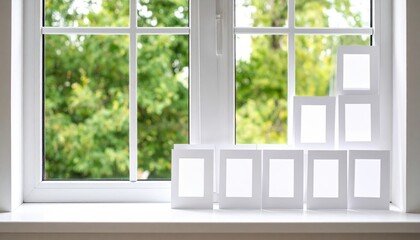 Obraz premium White picture frames arranged on a windowsill with greenery visible outside, creating a serene atmosphere