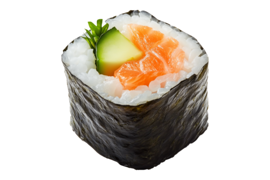 Sushi roll Maki with salmon, avocado, cucumber and rice wrapped in seaweed, isolated on white transparent background, concept of Japanese cuisine