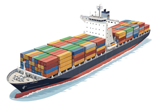 A large container ship loaded with multicolored cargo containers, ready for maritime transport, isolated  PNG file