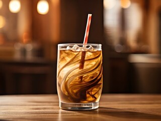 Close-up of iced coffee swirl in glass with blurred warm cafe background, cozy coffeehouse theme with rich brown tones