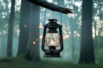 An antique oil lantern with a warm glowing flame hangs from a rough tree branch in a misty atmospheric forest with soft bokeh lights in the background