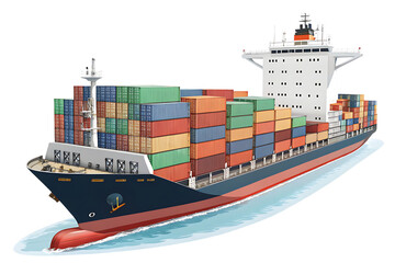 A large container ship loaded with multicolored cargo containers, ready for maritime transport, isolated  PNG file