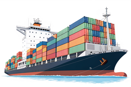 A large container ship loaded with multicolored cargo containers, ready for maritime transport, isolated  PNG file