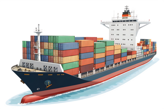 A large container ship loaded with multicolored cargo containers, ready for maritime transport, isolated  PNG file