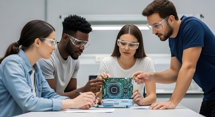Collaborative Engineering Students Studying Circuit Board Design