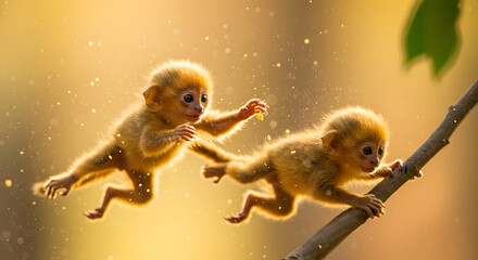 Baby Monkeys Leaping at Sunset