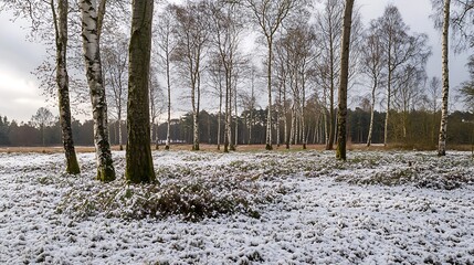 Snow blankets the ground near birch trees, creating a serene winter woodland landscape scene with a peaceful and quiet atmosphere