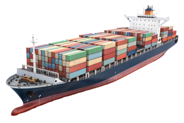 A large container ship loaded with multicolored cargo containers, ready for maritime transport, isolated  PNG file