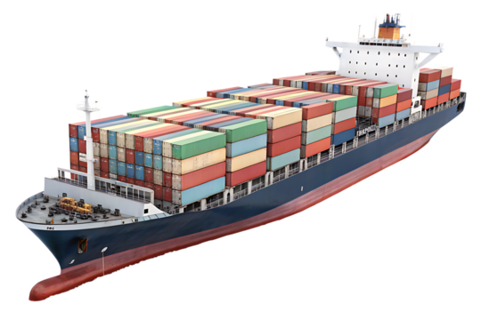 A large container ship loaded with multicolored cargo containers, ready for maritime transport, isolated  PNG file