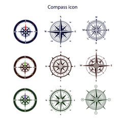 Compass icon set.Compass icon for navigation and travel direction themes.Arrow compass icon sign and symbol.Comoass direction arrow icon or map N sign navigation GPS symbol stock illustration.