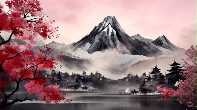 Traditional Asian Ink Painting of Mountain and Lake