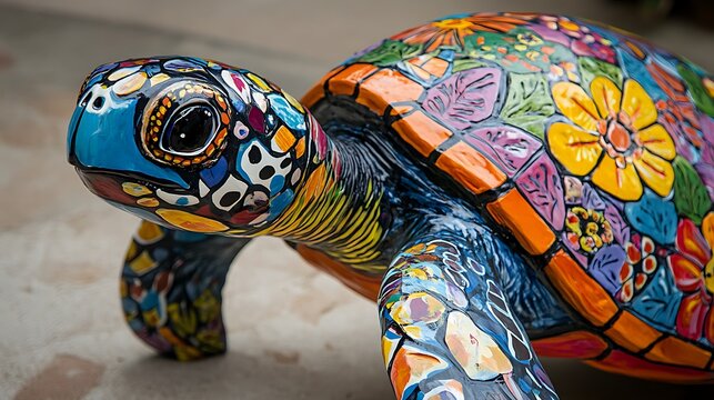 Brightly painted turtle artwork creates a whimsical and vibrant visual featuring nature inspired patterns