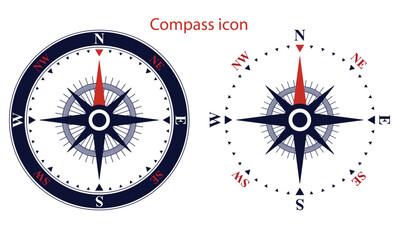 Compass icon set.Compass icon for navigation and travel direction themes.Arrow compass icon sign and symbol.Comoass direction arrow icon or map N sign navigation GPS symbol stock illustration.