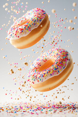Delicious donuts with colorful sprinkles floating in the air surrounded by crumbs and sprinkles against a light background