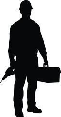 wearing a hardhat holding a power drill and toolbox