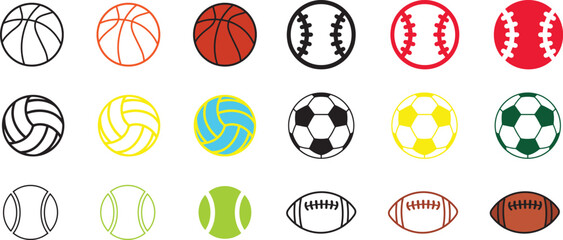 Set of Colorful Sports Ball Icons – Basketball, Soccer, Tennis, Baseball, Volleyball, Football Vector Illustration