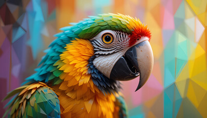 Obraz premium Vibrant macaw parrot showcases its brilliant plumage against a colorful, geometric background in a captivating portrait.