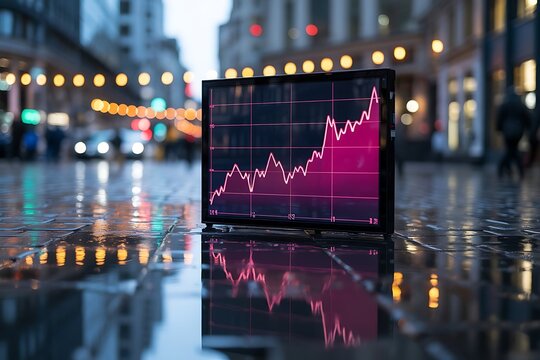 A digital financial graph displaying upward trends on a monitor placed on a wet city street reflecting bokeh lights and blurred figures in the background