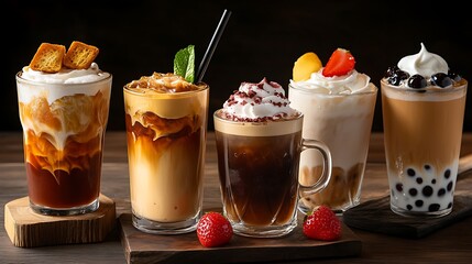Indulge in refreshing boba tea and iced coffee beverages, perfect for summer refreshments with toppings like whipped cream and fresh fruits.