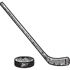 Vintage sketch of a hockey stick and puck, detailed black and white illustration, classic sport equipment design