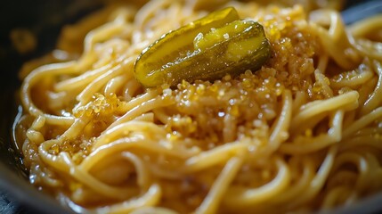 Appetizing pasta meal featuring long noodles topped with a glistening pickle and other delicious ingredients for flavorful eating