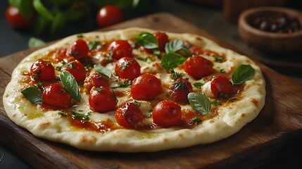 Rustic tomato pizza showcases fresh basil leaves on a wooden serving board for a flavorful culinary experience.