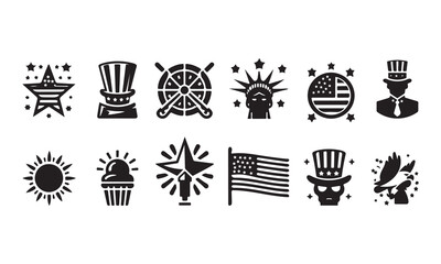  Set of 4th of JULY icon for independence day silhouette vector illustration