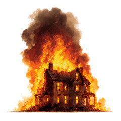 Old wooden house engulfed in intense flames and smoke isolated on transparent background