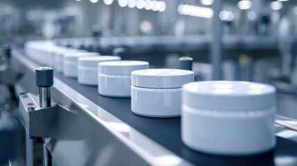 White cosmetic cream jars moving on a production line in a modern factory, showcasing the manufacturing process of beauty products. 