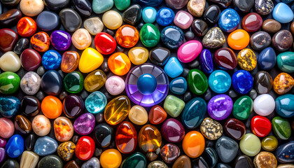 Colorful polished gemstones arranged in a circular mandala pattern with a central violet crystal centerpiece