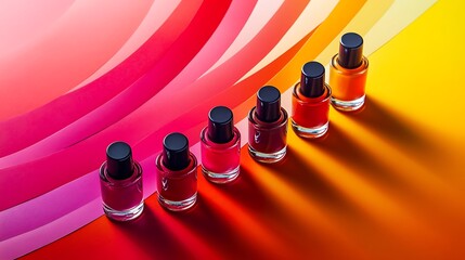 Diverse nail polish shades arranged on vibrant colorful background offer creative beauty concepts and cosmetics