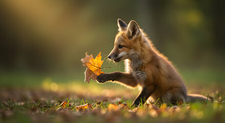 Naklejka premium Red Fox Kit with Autumn Leaf