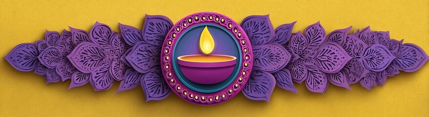 Diwali, festival of lights holiday banner with paper cut style of Indian Rangoli and diya - oil lamp. Purple color on yellow background. Vector illustration. High quality