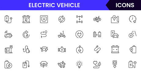 Electric vehicle web line icon collection, sleek, vector illustrations featuring stations, batteries, and eco-friendly symbols, perfect for sustainable tech designs.