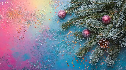 Festive holiday celebration featuring snow covered evergreen branches and sparkling ornament on a colorful artistic backdrop