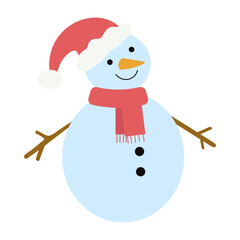 Funny snowman isolated on a white background. Colored icon, vector illustration in a flat style. Cheerful snowman in a red cap and scarf.