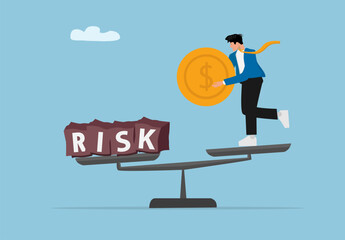 Businessman Holding Coin While Balancing on a Seesaw Against Financial Risk. Conceptual Vector Illustration for Investment Strategy, Risk Management, and Business Decision Making