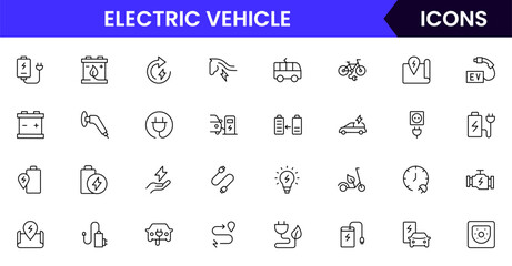 Electric vehicle web line icon collection, sleek, vector illustrations featuring stations, batteries, and eco-friendly symbols, perfect for sustainable tech designs.